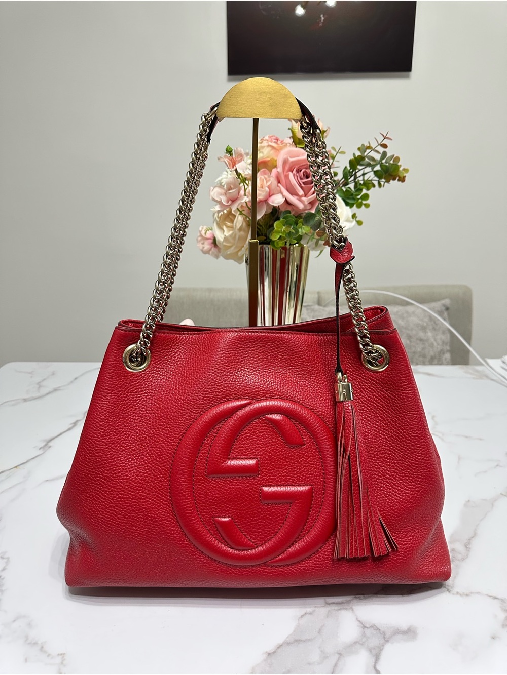 Gucci Red SoHo Chain Shoulder Purse with Tassel